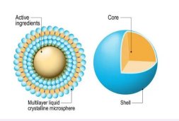 Nano-encapsulation — multilayer liquid crystalline microsphere cross section showing active ingredients and core-shell structure